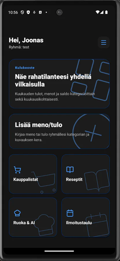 ArkiFlow-etusivu: kulukooste, meno tai tulo, kauppalistat, reseptit, ruoka ja AI sekä ilmoitustaulu