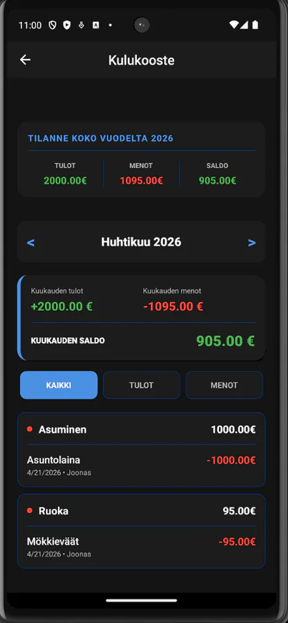 ArkiFlow-kulukooste: vuosi, kuukausi ja kategoriat