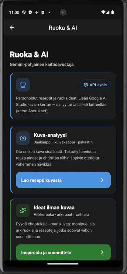 ArkiFlow Ruoka ja AI: Gemini-avustaja, resepti kuvasta ja ideat ilman kuvaa