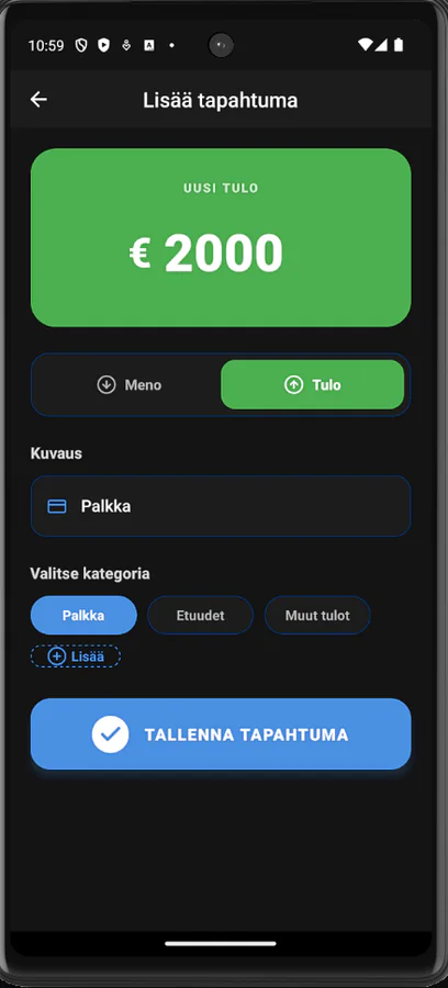 ArkiFlow-tapahtuman lisäys: meno tai tulo, kuvaus ja kategoria