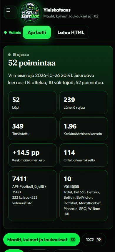 BetBotin yleiskatsaus: ajo, poiminnat ja rajapinnan kulutus