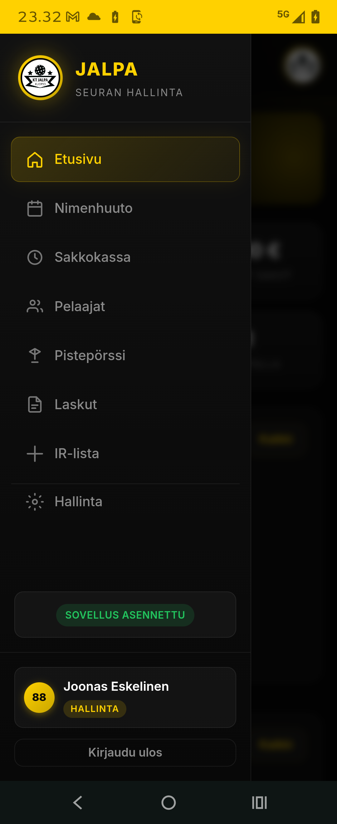 JALPA-valikko: etusivu, nimenhuuto, sakkokassa, pelaajat, pistepörssi, laskut, IR-lista ja hallinta