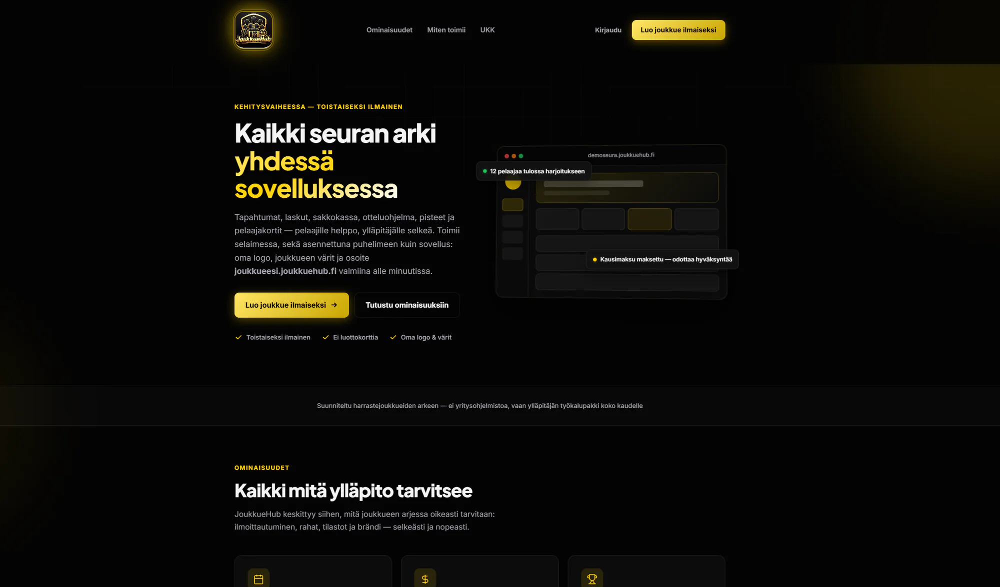 JoukkueHubin markkinointisivu: seuran arki yhdessä sovelluksessa