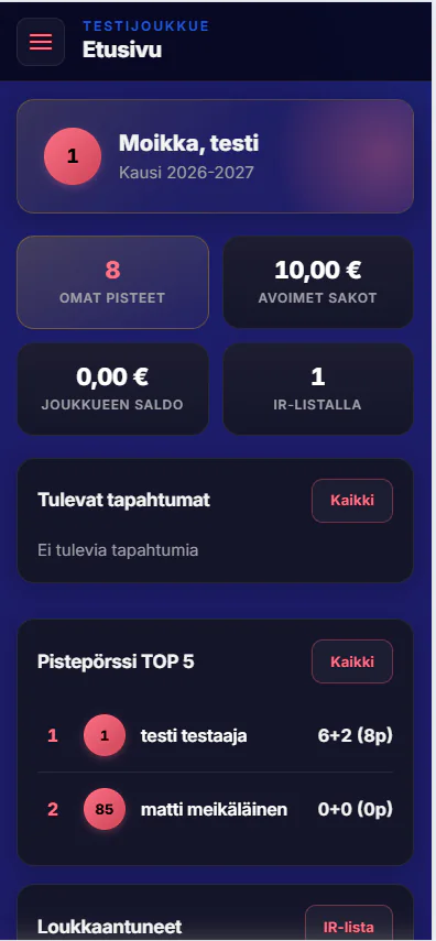 JoukkueHubin etusivu puhelimessa
