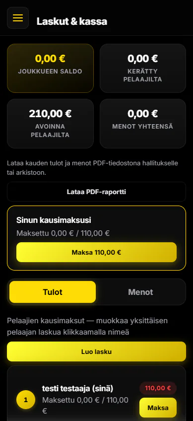 JoukkueHubin laskut ja kassa puhelimessa