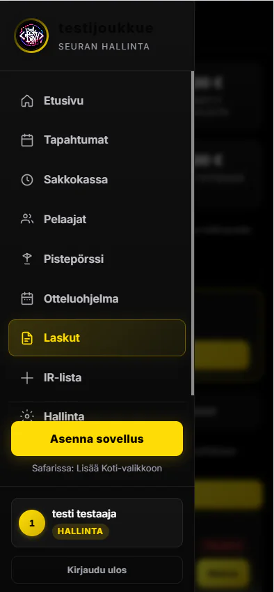 JoukkueHubin valikko puhelimessa