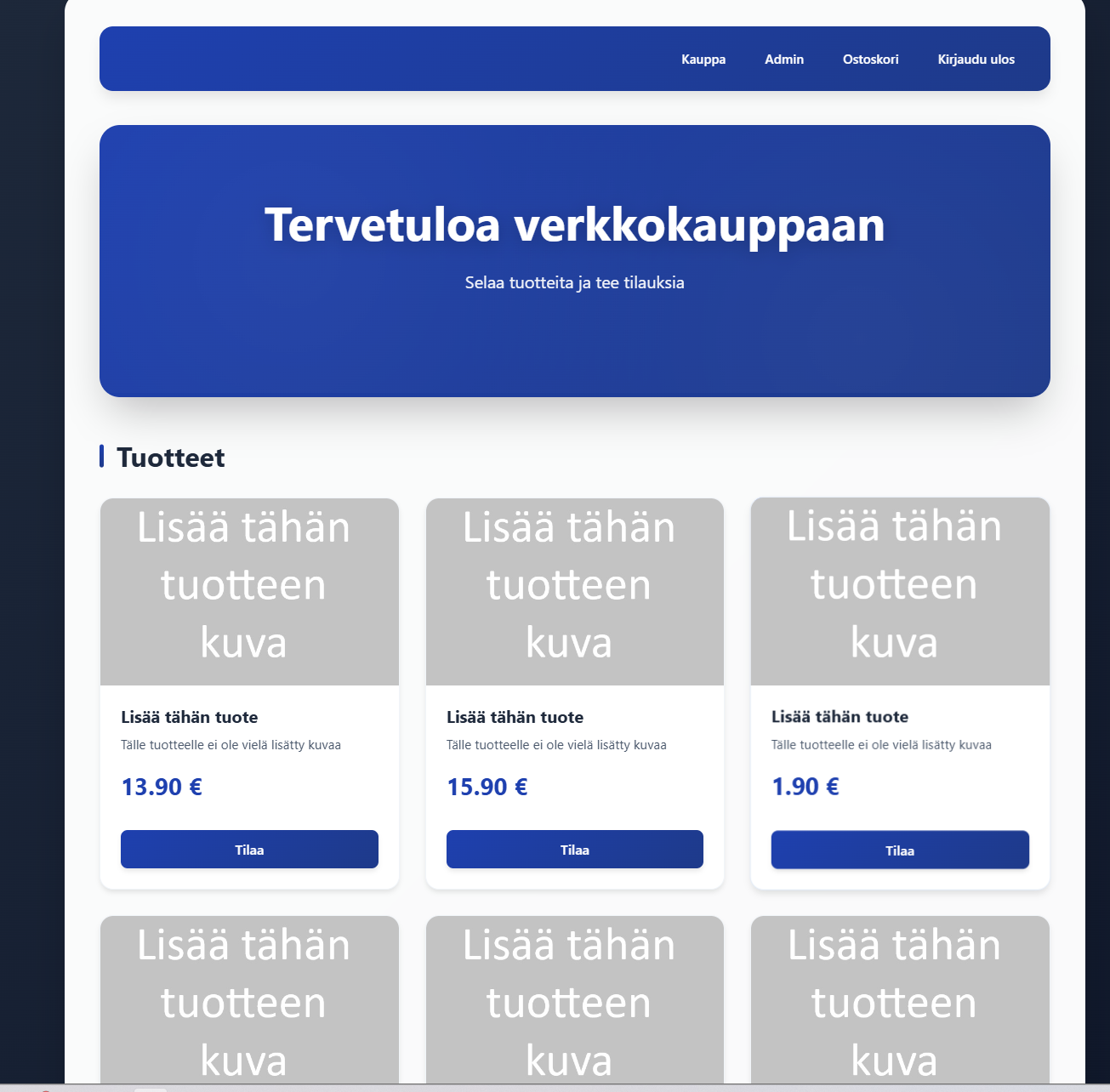Kirjautunut verkkokauppa: navigaatio Kauppa, Admin, Ostoskori ja Tilaa-painikkeet